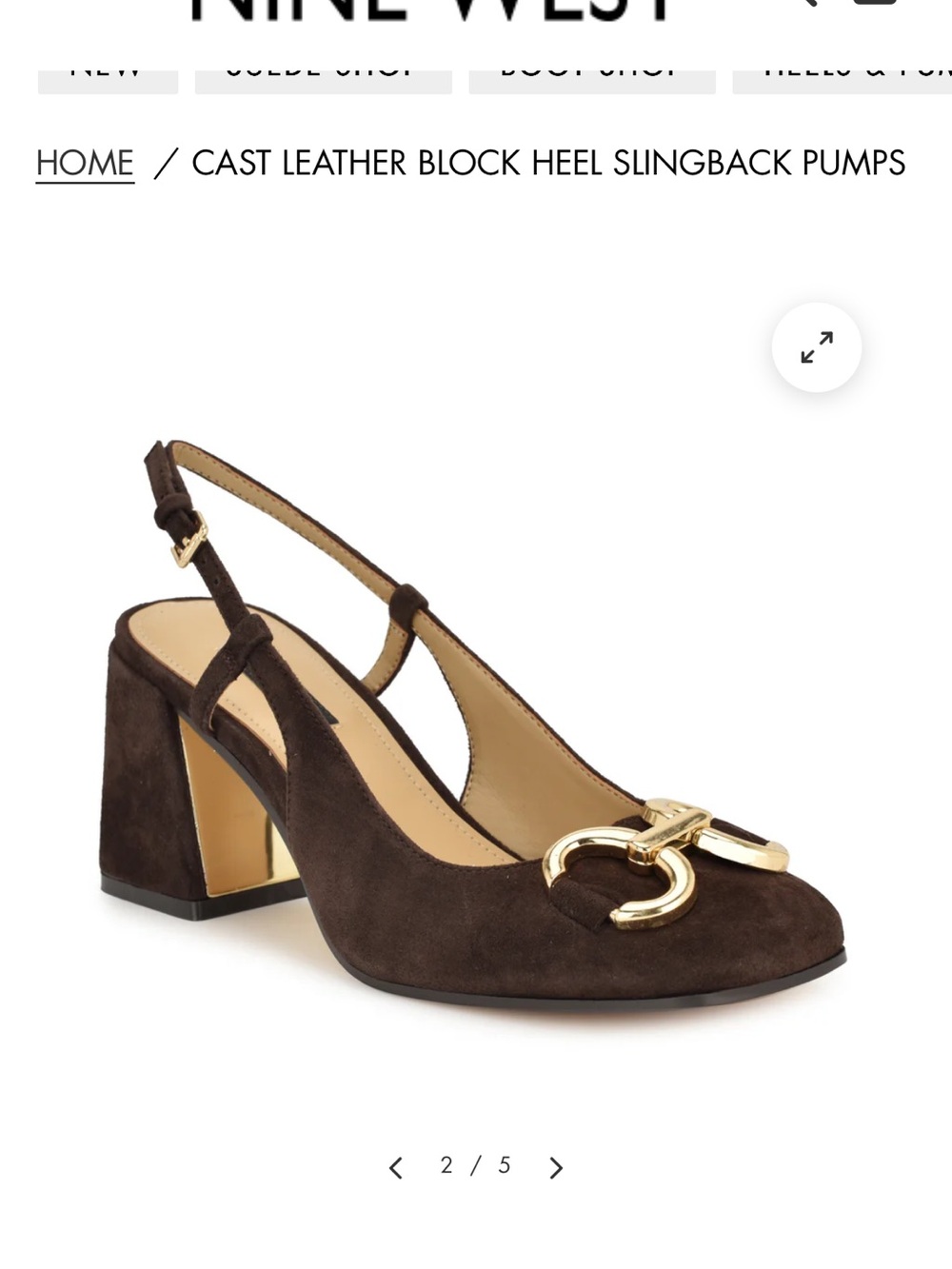 NWT Nine West Dark Brown Suede Block Heel Slingback Pumps with Gold Accent